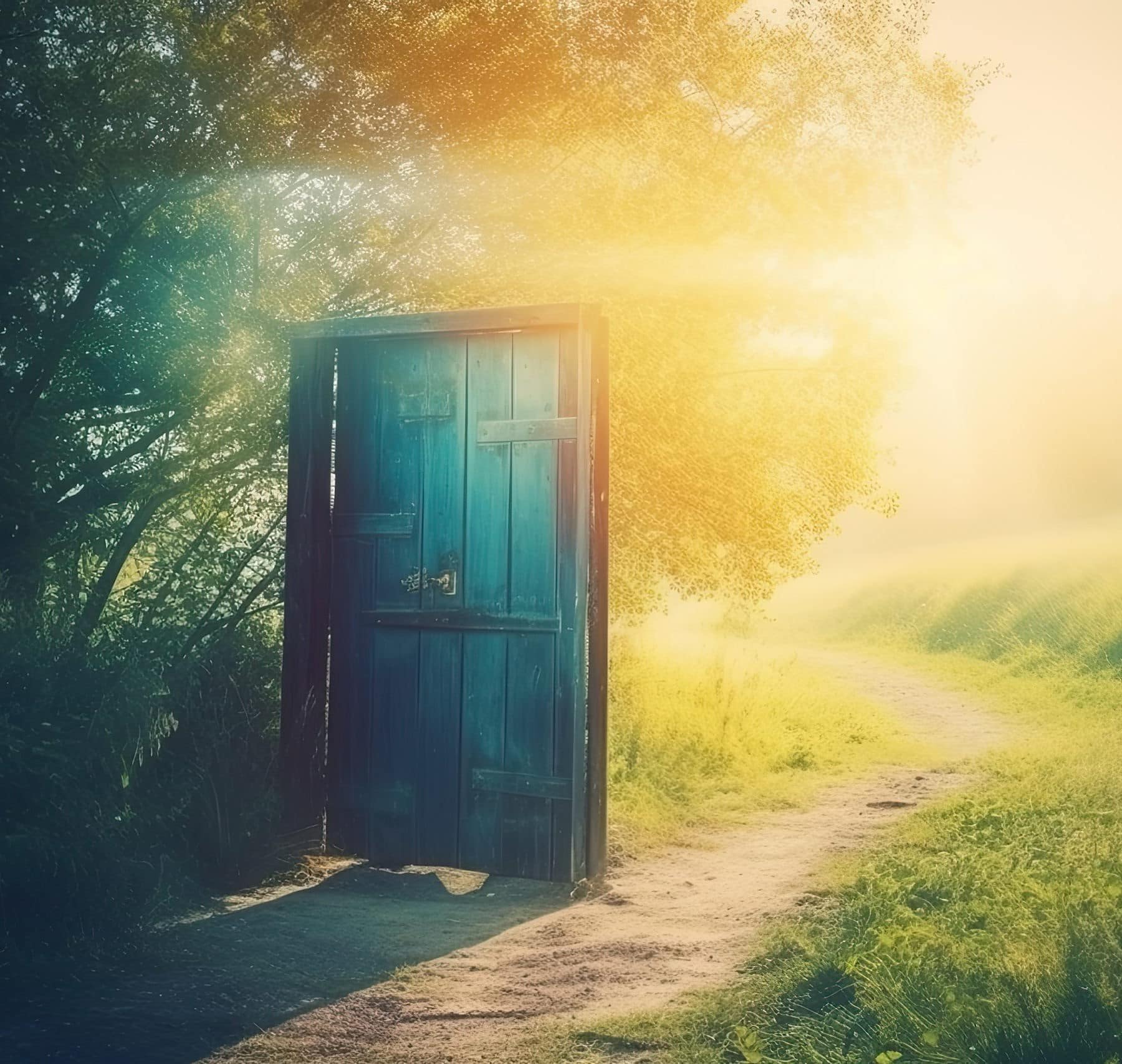 An open door in the middle of a dirt road