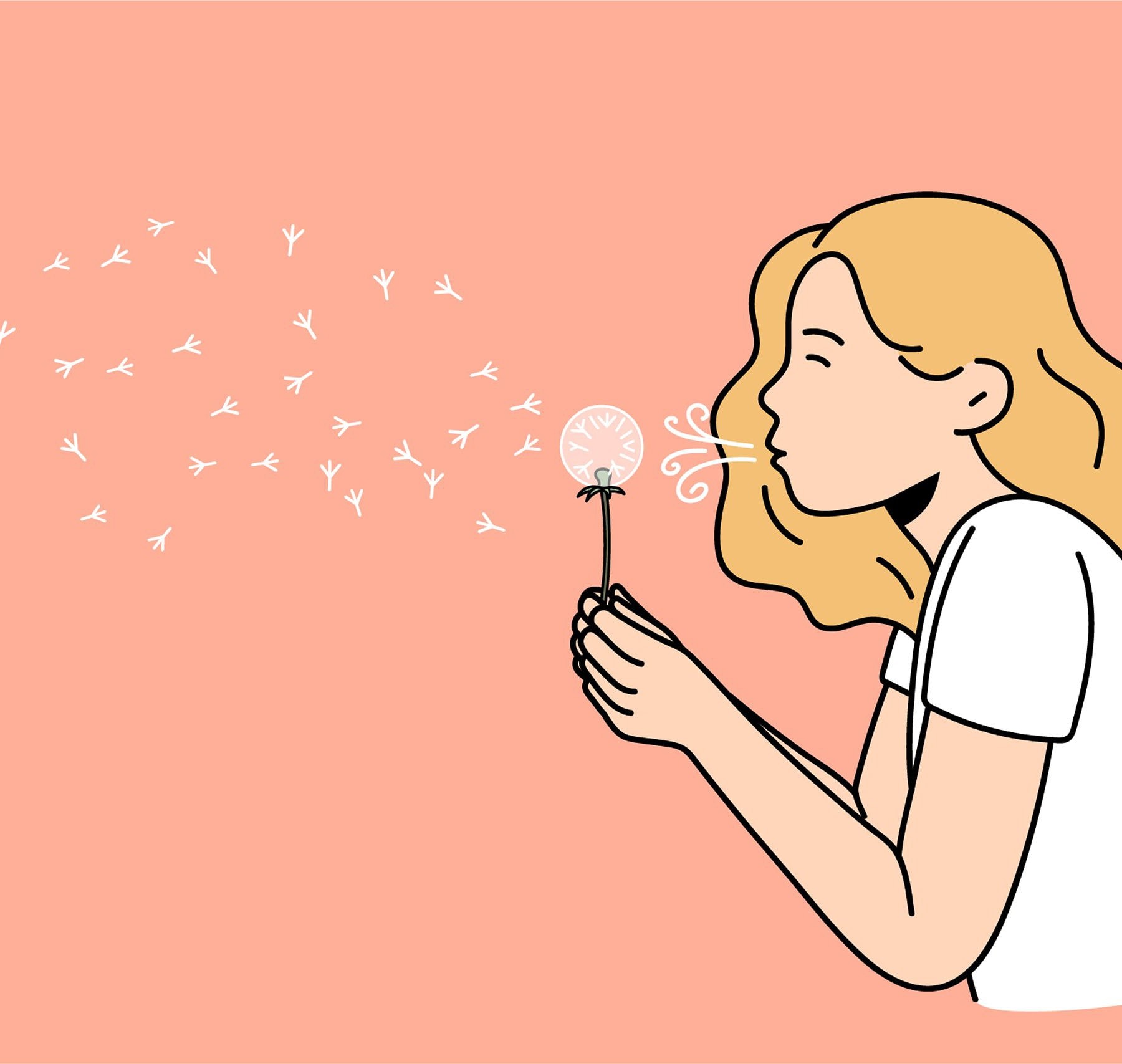 Summer fun and making wish concept. Blonde girl in white t-shirt standing and blowing fluffy dandelion flower during summer walk vector illustration