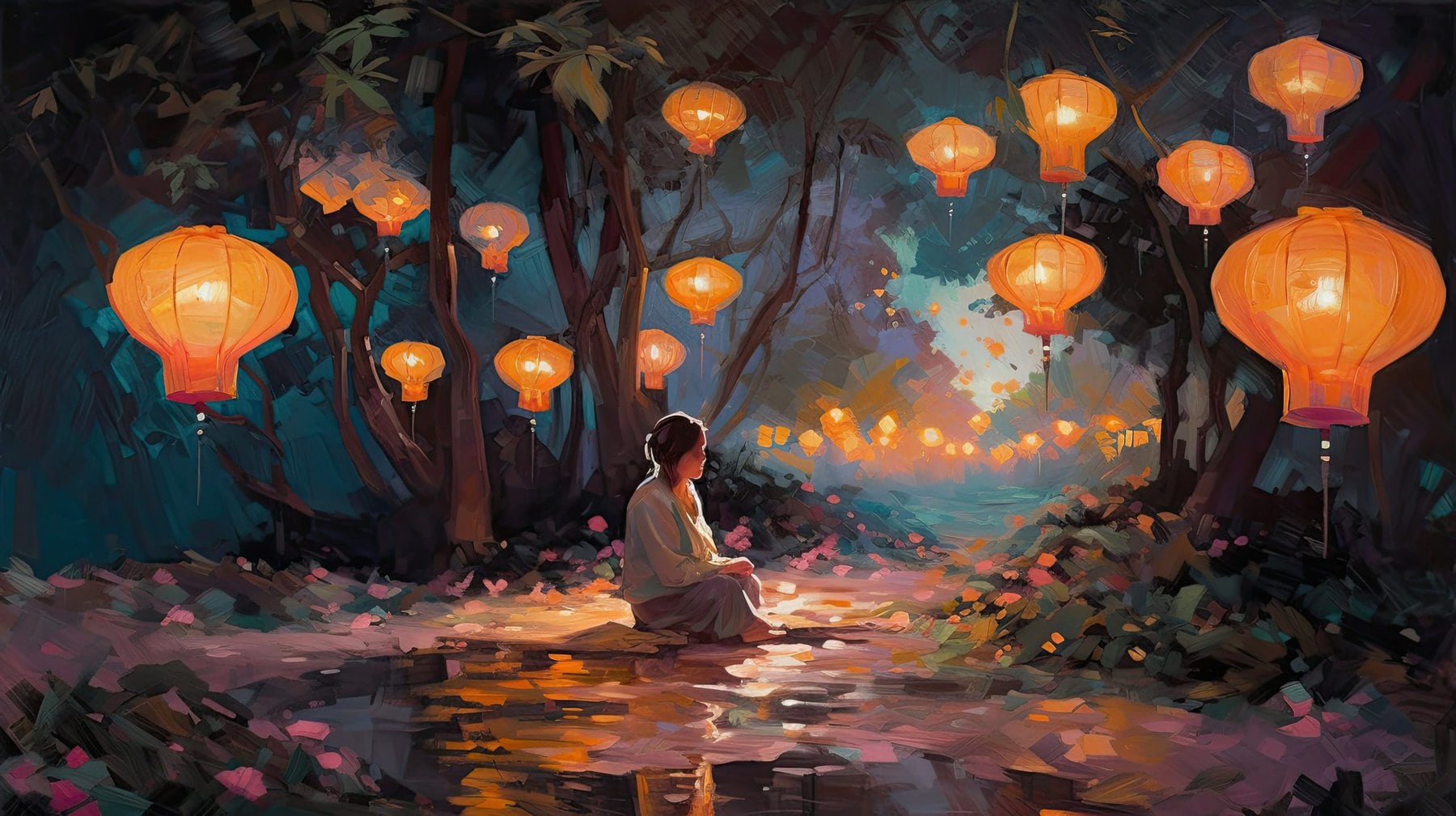 A serene and peaceful garden illuminated by hundreds of glowing paper lanterns, as a solitary figure meditates in quiet contemplation illustrations, ai art
