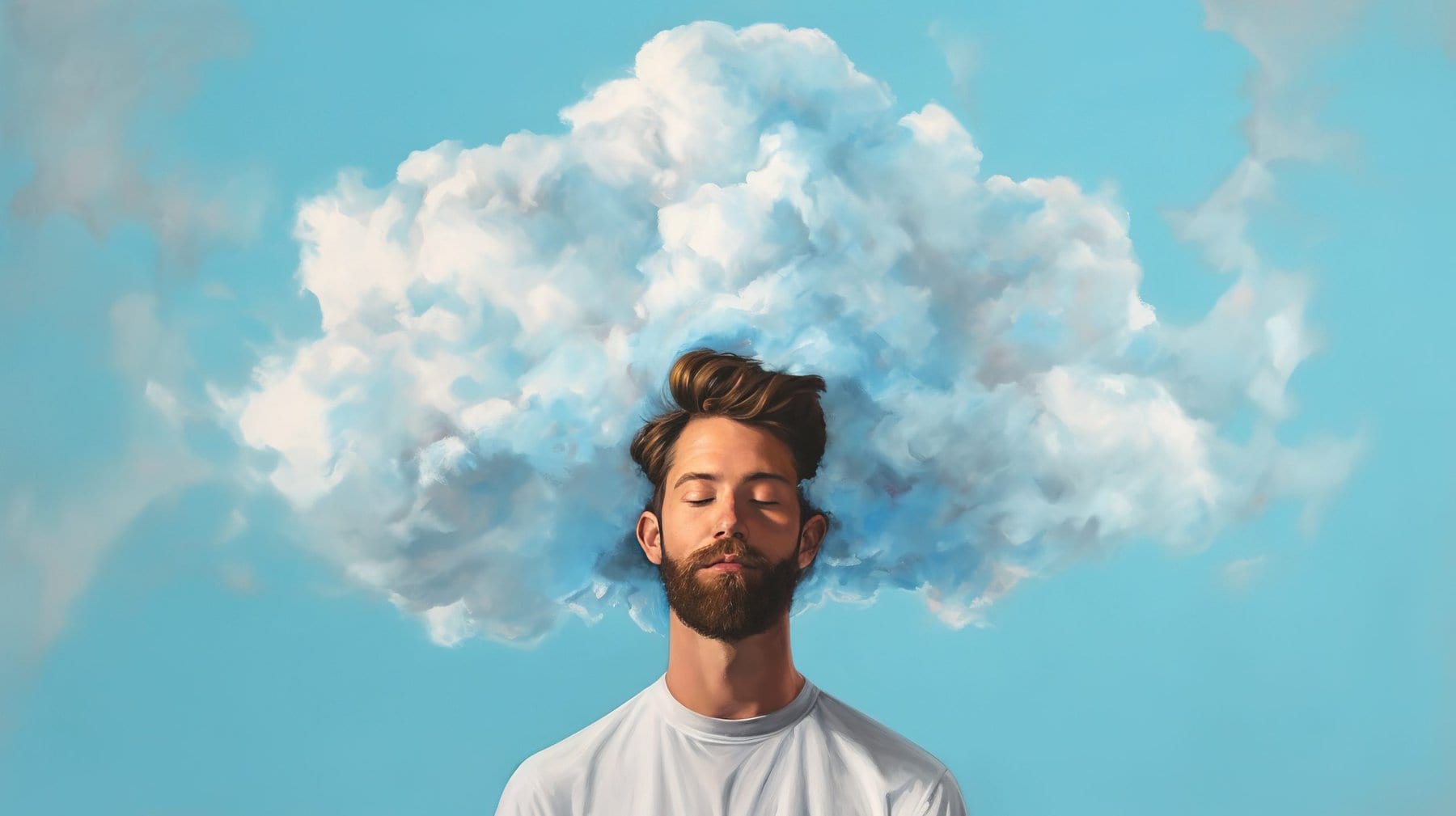 a cartoon depiction of a person with their eyes closed and their head in the clouds