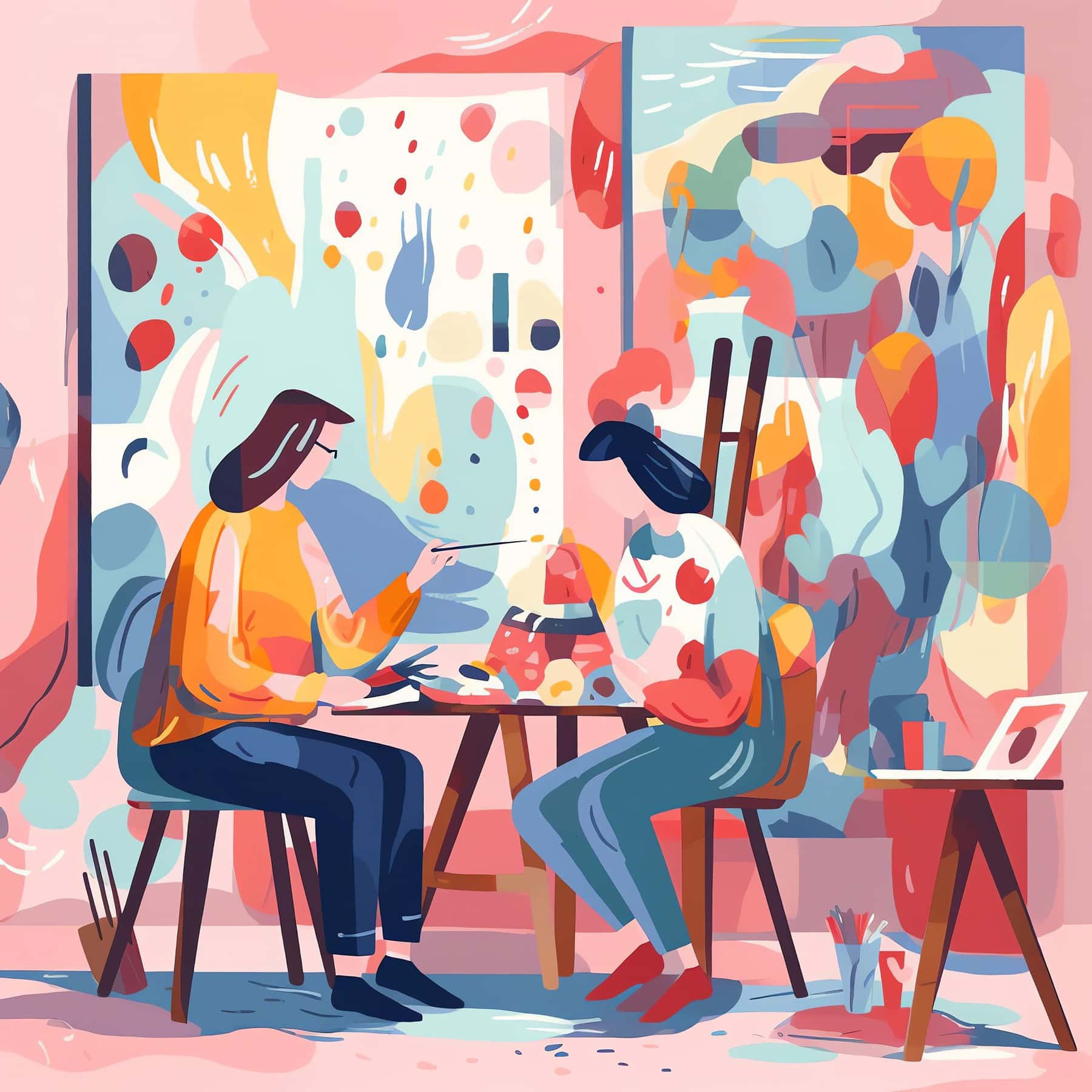 Art class date: A couple sits at an easel in a bright art studio, with paintbrushes and a palette of colors. Playful patterns and textures, flat style. Generative AI.