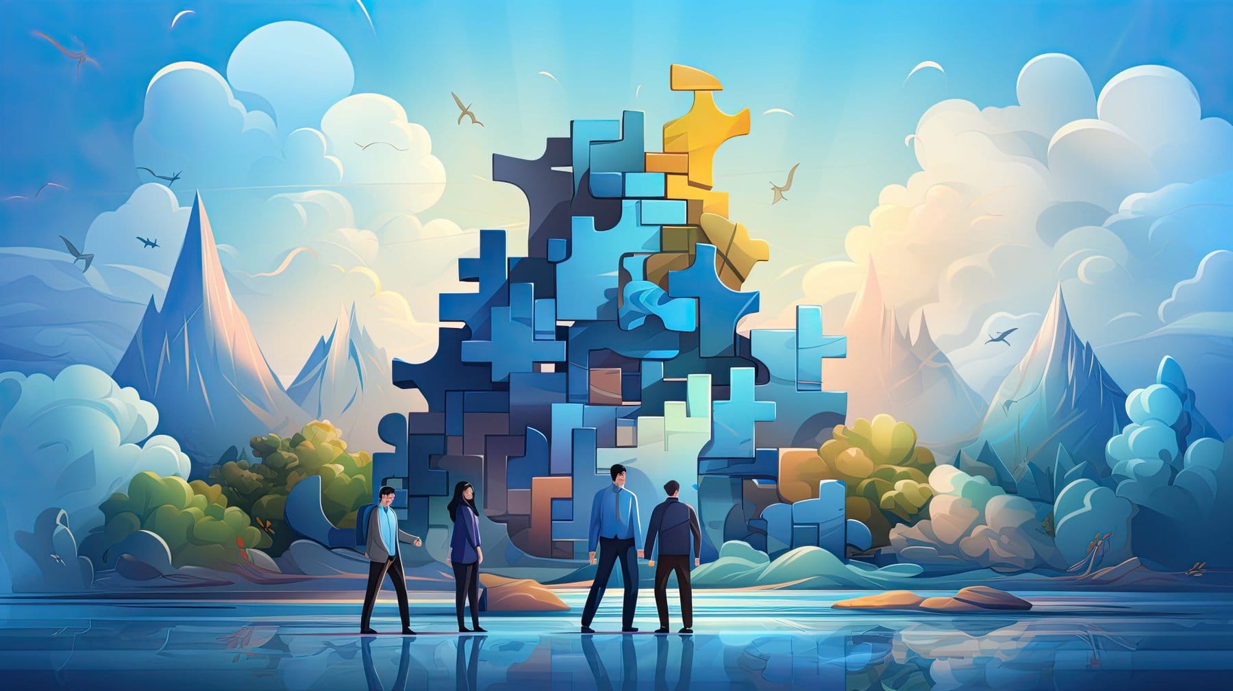 Business concept team metaphor people connecting puzzle landscape with clouds and sun
