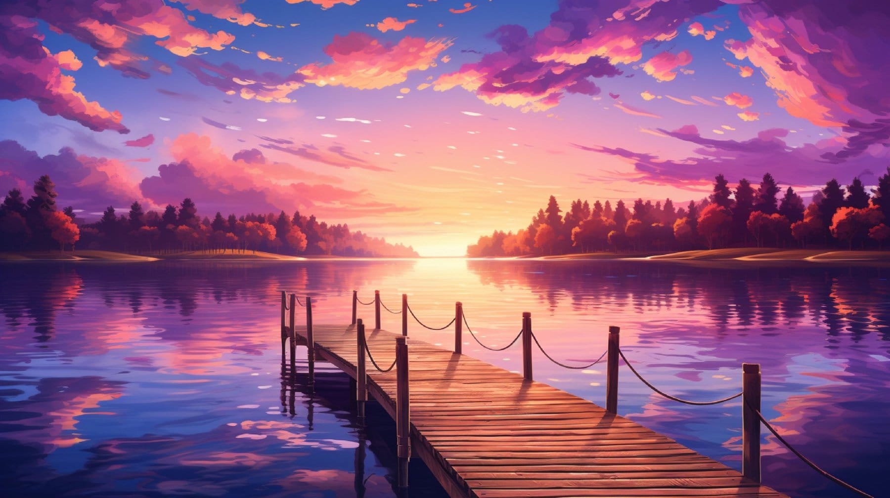 A tranquil lakeside scene with a wooden pier extending into the water, a rowboat tied to it, and a colorful sunset painting the sky with hues of pink and purple