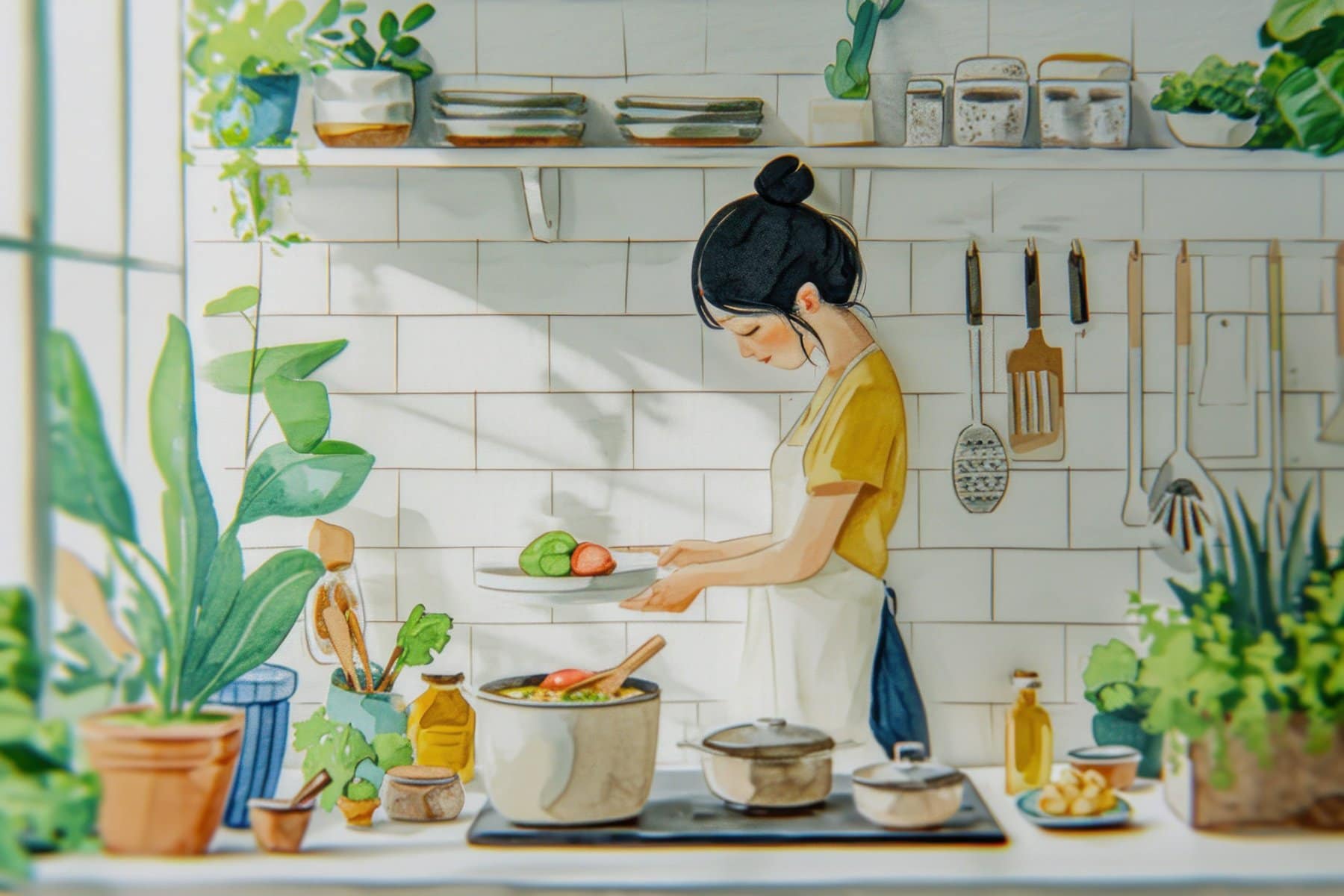 Cute watercolor painting of woman do homemade cooking cozy home.
