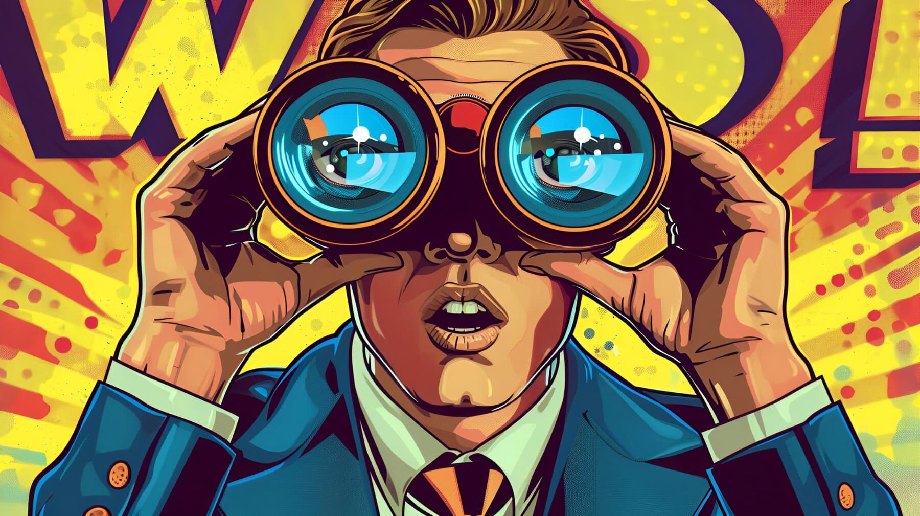 Man In Suit, Wow Concept, Wow pop art man. Young surprised man in suit with open smile holding binoculars in his hands with inscription wow in reflection. Vector illustration in retro comic style,