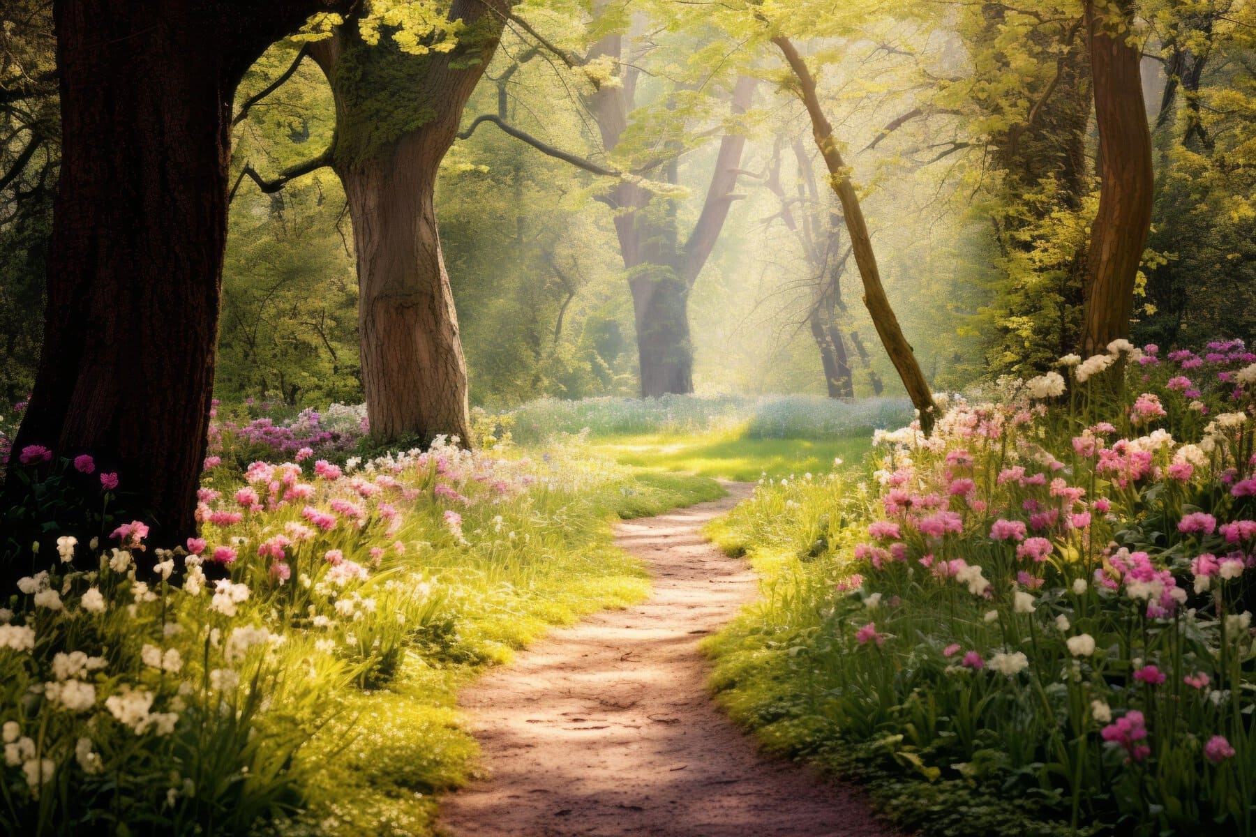 Tranquil forest path lined with wildflowers and dappled sunlight