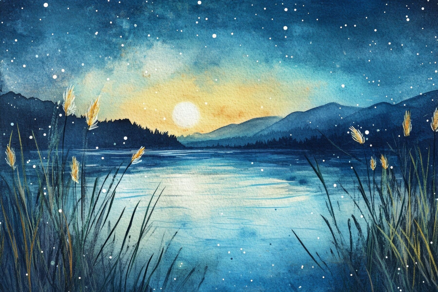 A beautiful watercolor painting depicting a serene sunrise over calm water, surrounded by gentle mountains and tall grass. Ideal for nature lovers.